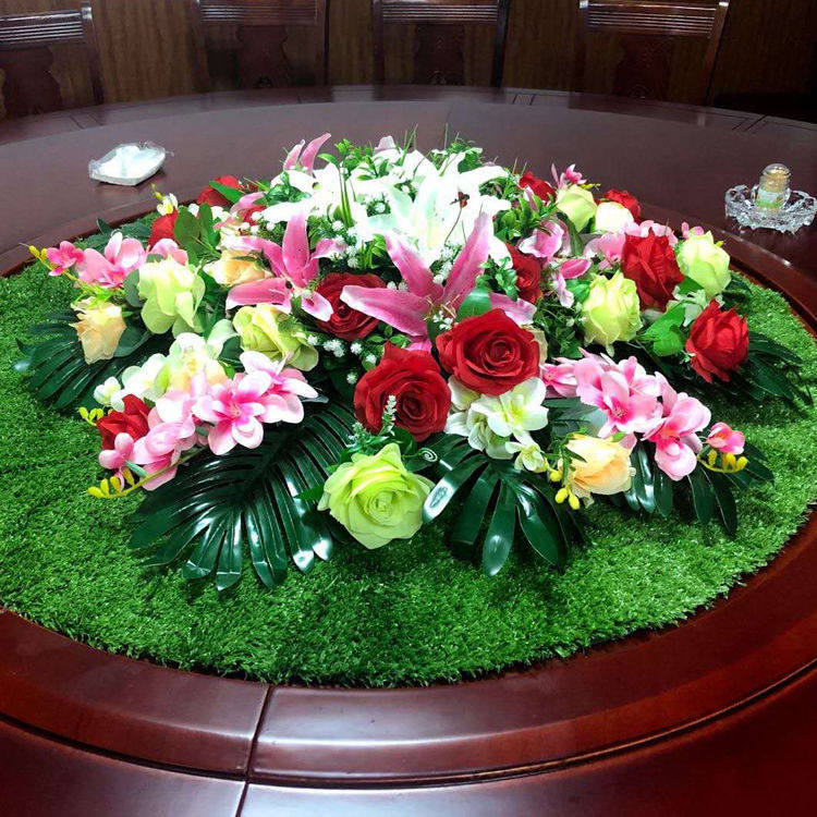 酒店大圆桌d中间装饰花餐桌转盘摆花草坪饭店圆形假花摆件绿色草