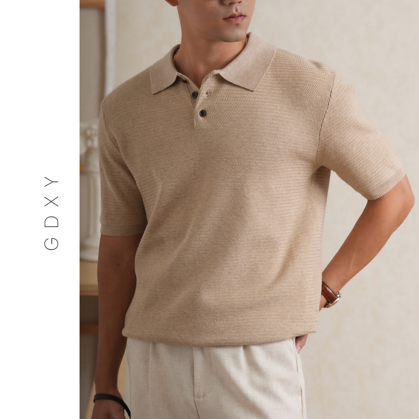 GDXY 【羊毛透气系列】羊毛混纺老钱风翻领针织衫夏短袖男T恤