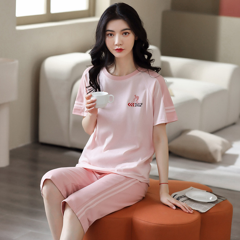 运动睡衣女夏款纯棉短袖七分裤简约可外穿薄款全棉休闲居家服套装