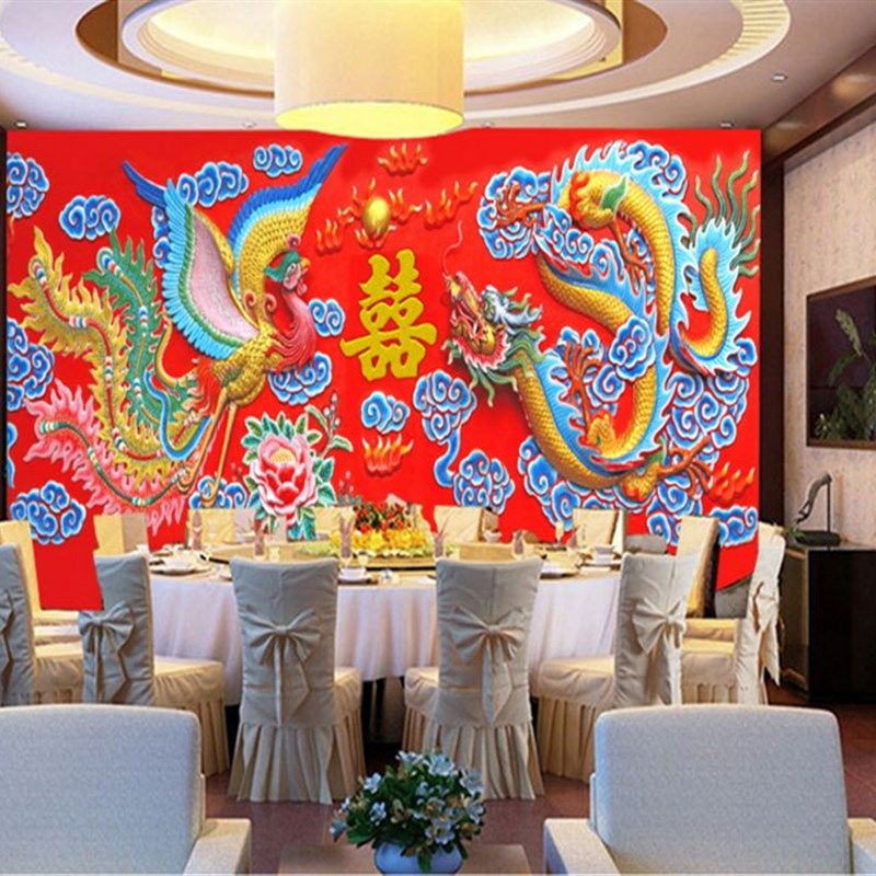 红色喜庆传统中式婚礼拜s堂背景墙壁画中式传统婚礼婚庆喜字墙纸