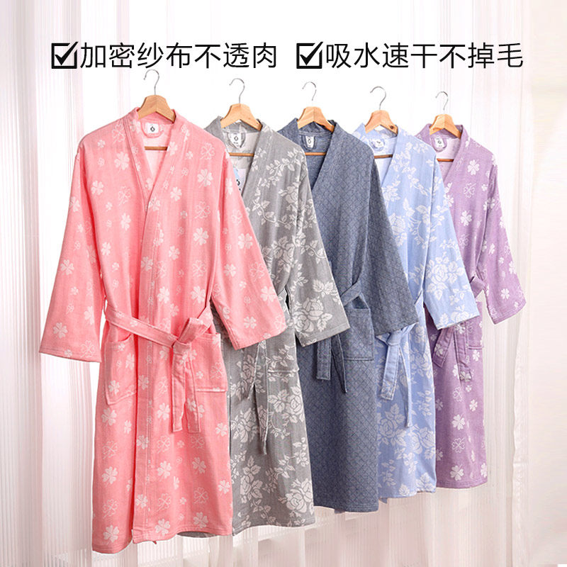 纯棉纱布浴袍女士夏季吸水速干浴衣男全棉双层薄款可穿浴巾美容院