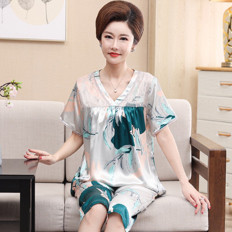 妈妈睡衣夏季冰丝薄款短袖中老年人女士真丝绸家居服大码胖MM套装