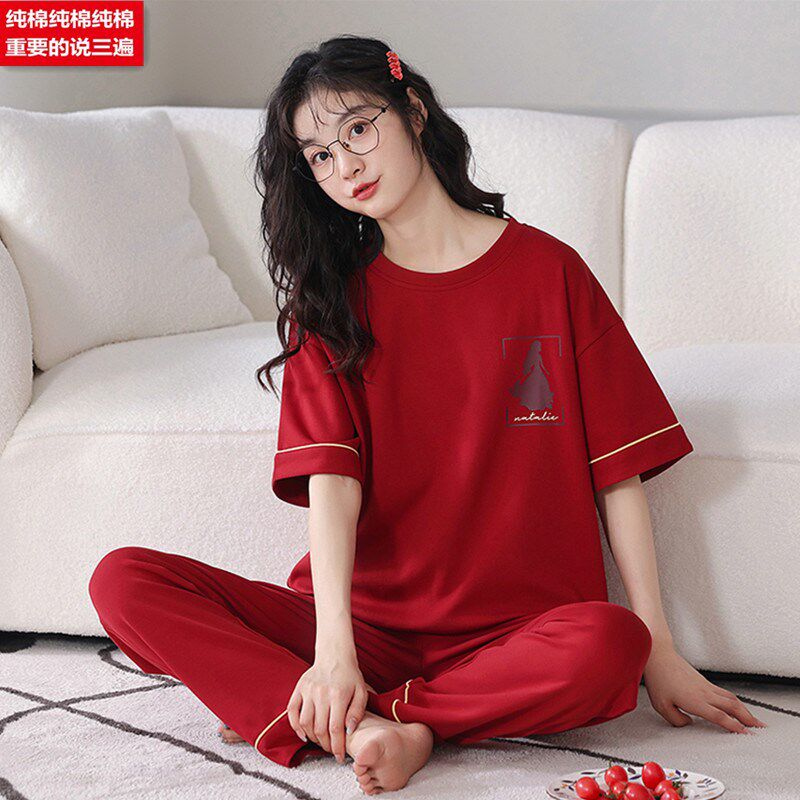 睡衣女半袖夏季纯棉红色休闲圆领女款短袖长裤可外穿全棉家居服薄