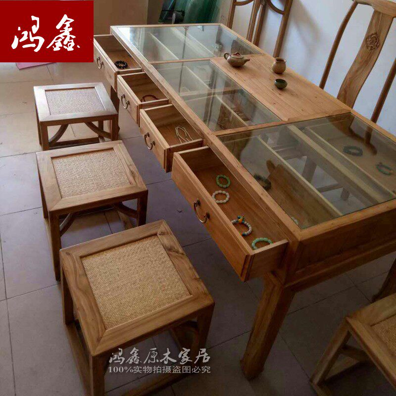 新中式展示柜.珠宝玻璃柜.文玩桌B收银茶台.精品陈列柜.榆木展示