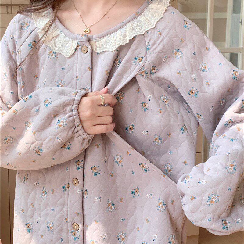 秋冬款月子服空气棉十月份11产后孕妇睡衣哺乳喂奶产妇家居服紫色