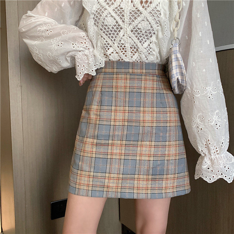 2021夏季新款a字裙高腰包臀松紧小清新格子半身裙大码显瘦短裙女