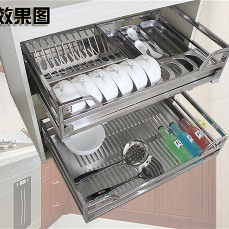 不锈钢方管拉篮厨房橱柜t拉蓝兰栏调味双层碗碟盘抽屉式架阻尼轨