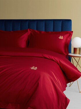 乐优公主100支长绒棉结婚四件套全棉H大红色被套床单喜被床上用品