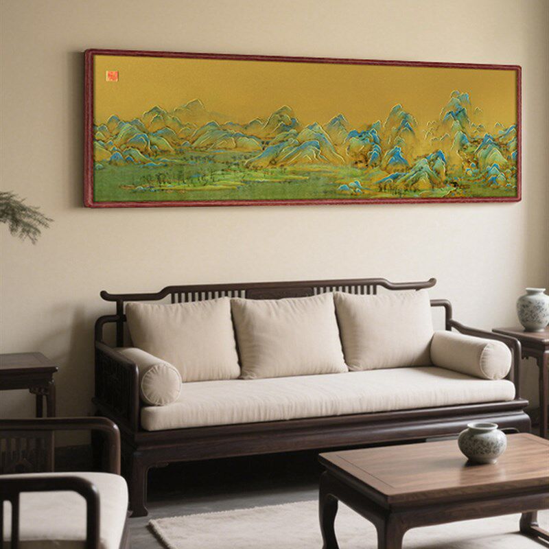 千里江山画挂画铜雕金属实木框架景观客厅入口通道背景墙装饰画