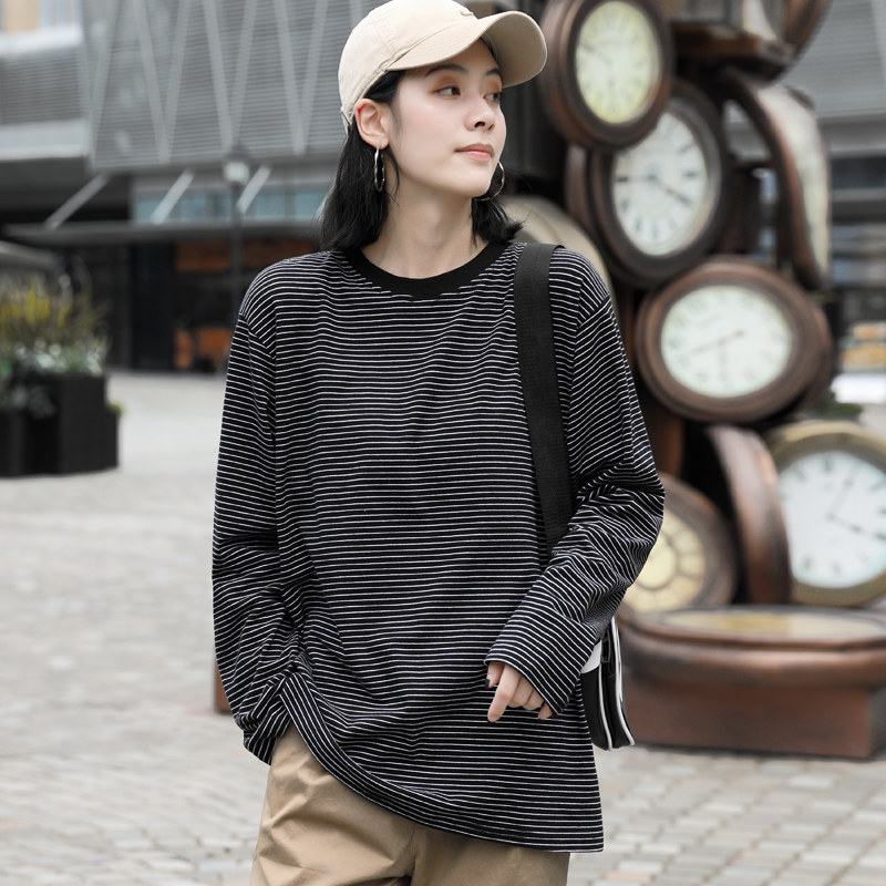 黑白条纹t恤女长袖宽松纯棉打底衫女春秋款上衣夏季大码体桖胖mm