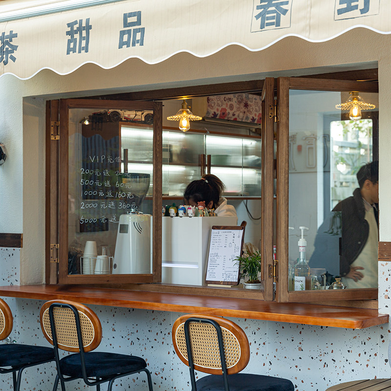定制实木左右推拉折叠窗户u 咖啡奶茶店樟子松实木原木左右折叠窗