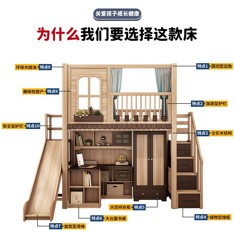 全实木上床下书桌衣柜组合床一A体原木色儿童高架床上床下柜下空