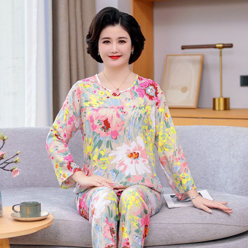 妈妈夏季人造棉家居服两件套装中老年棉绸睡衣女新品长袖老人宽松