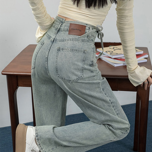 浅色宽松阔腿牛仔裤女春夏2025年新款高腰不规则绑带直筒拖地裤子