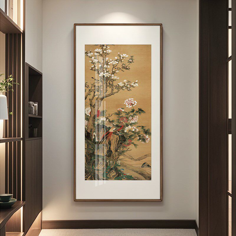 玉堂富贵图新中式玄关挂画入户正对门走廊过道国画客厅花鸟装饰画
