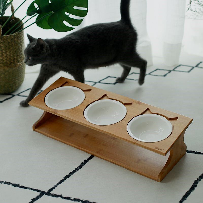 猫碗陶瓷双碗猫食盆斜面护颈不锈钢狗碗水碗实木碗架餐桌猫咪用品
