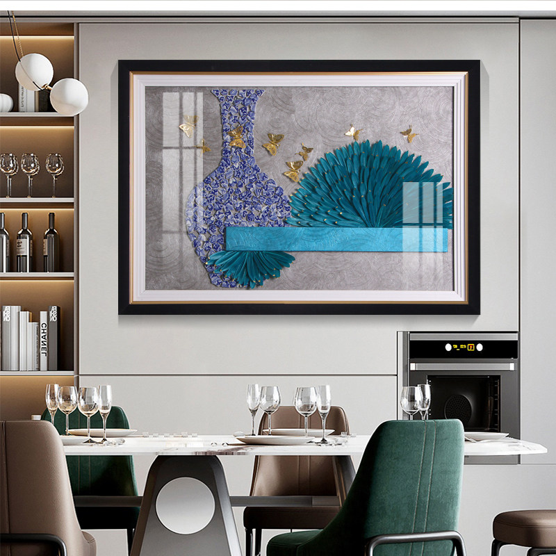 现代轻奢餐厅装饰画饭厅单幅横版花瓶挂画创意手工立体羽毛实物画