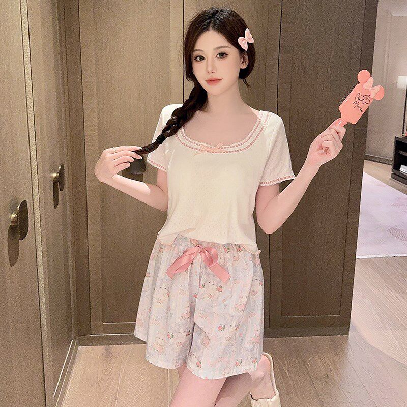 韩版睡衣女款夏季2024新款纯棉可爱印花带胸垫短袖短裤家居服套装