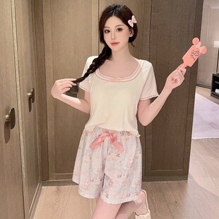 韩版睡衣女款夏季2024新款纯棉可爱印花带胸垫短袖短裤家居服套装