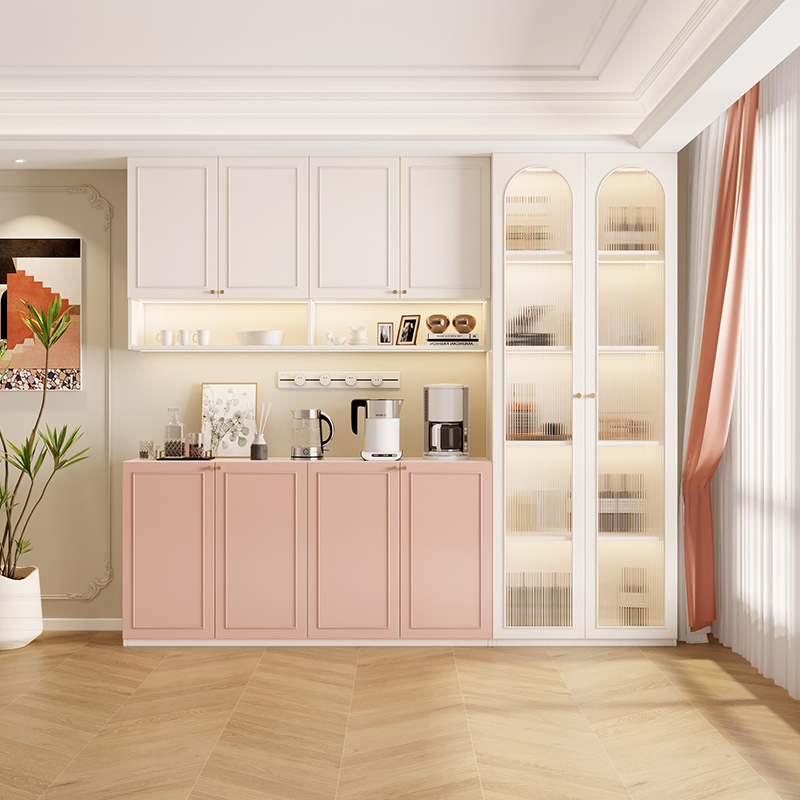 客厅一体靠墙餐边柜法式奶油风储物柜G实木定制柜子家用厨房茶水