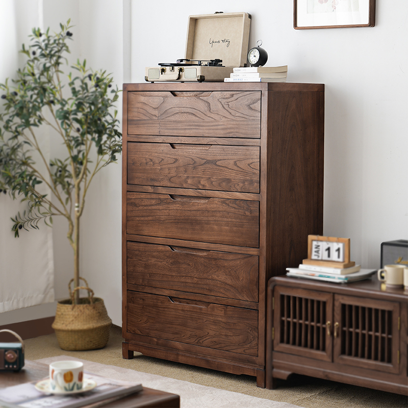 新中式客厅实木五斗柜小户型抽屉收纳柜J卧室储物柜子简约榆木边