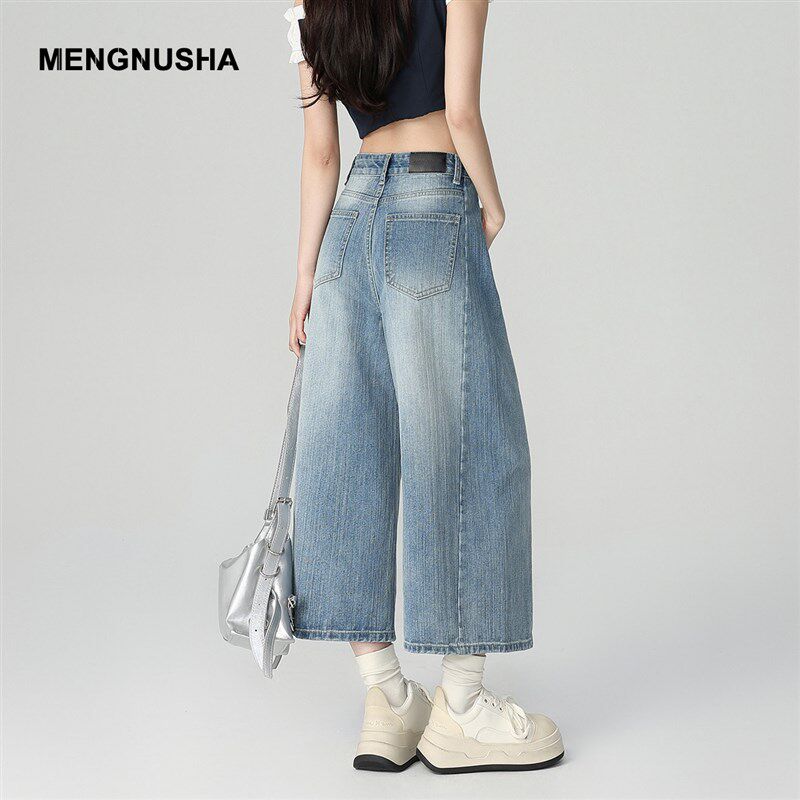 复古蓝八分阔腿牛仔裤女2025夏季新款高腰宽松百搭小个子直筒中裤