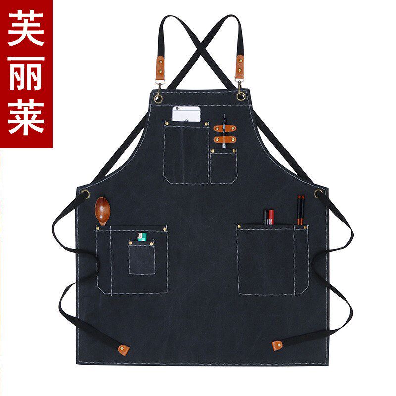 印logo围裙纯棉帆布牛仔皮肩带餐厅啡师师奶茶店理发师花艺工作服