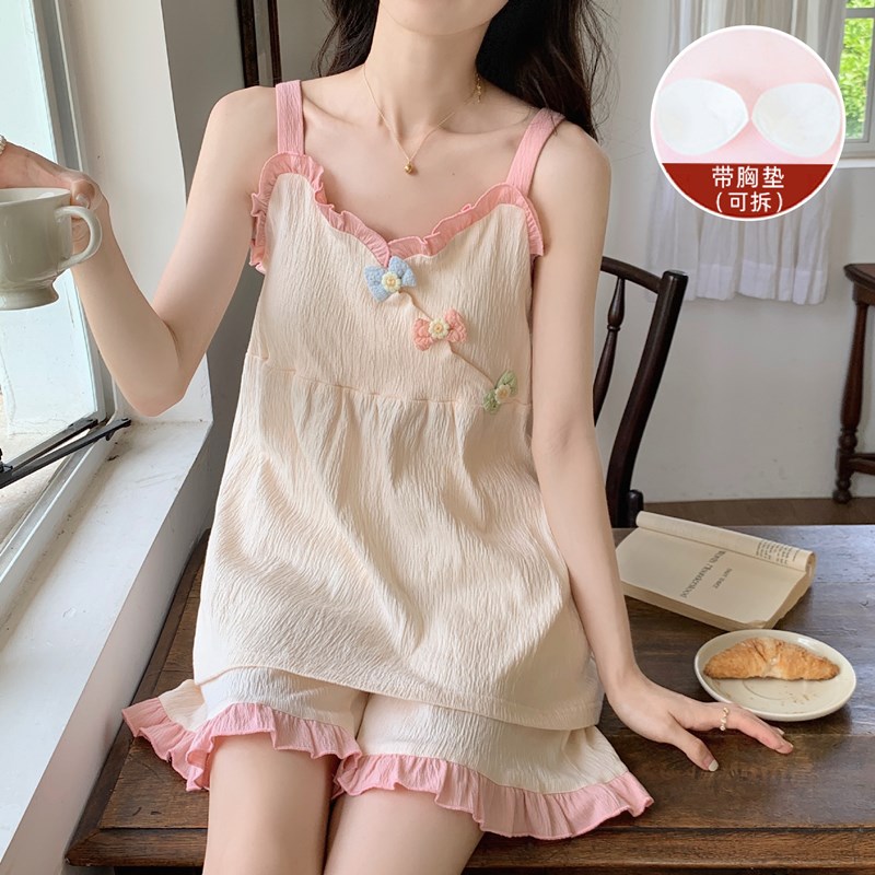 夏天甜美少女感吊带睡衣女款夏季可爱公主风带胸垫两件套装家居服