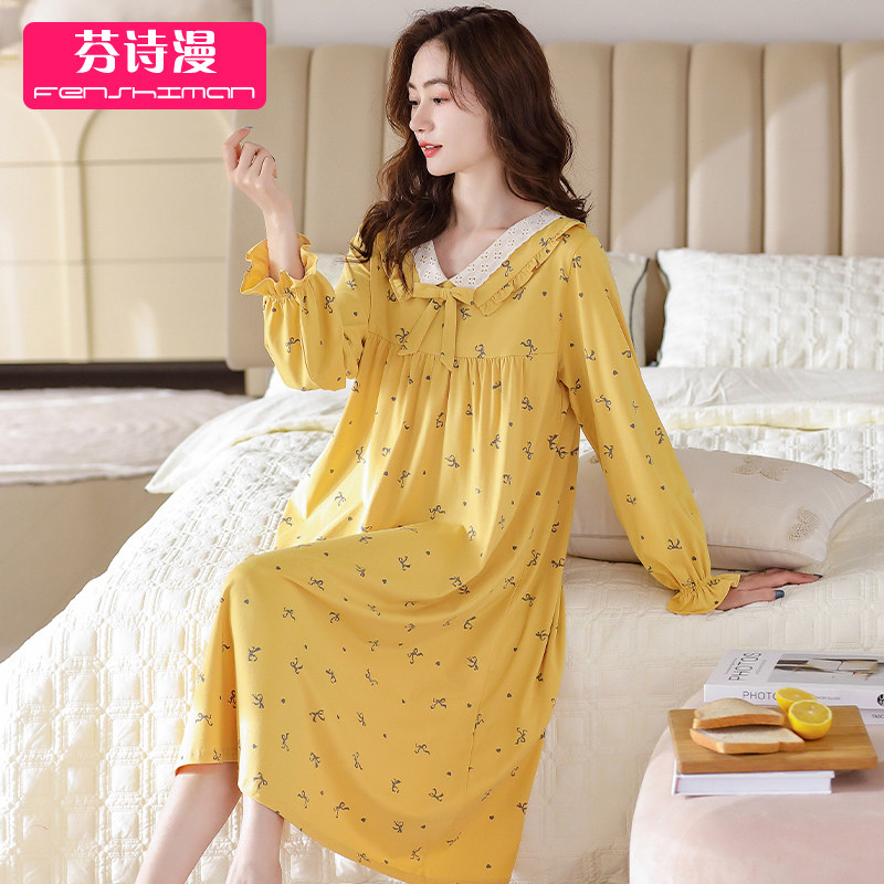 睡裙女春秋款纯棉长袖睡衣裙秋季薄款大尺码女款法式孕妇宽松洋装