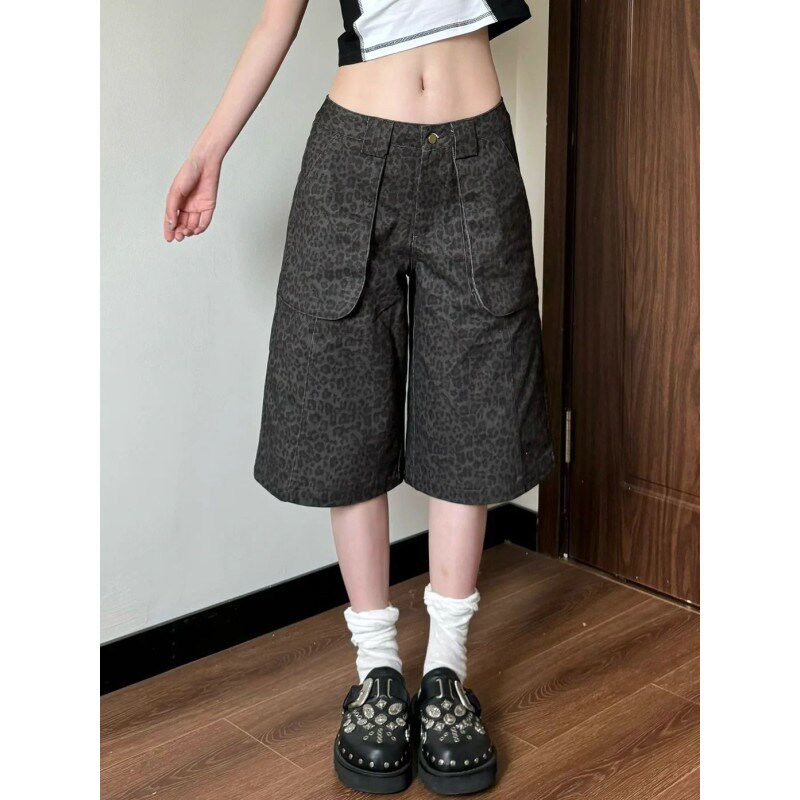 大码胖mm设计感豹纹牛仔七分裤女夏季高街直筒宽松显瘦阔腿短裤子