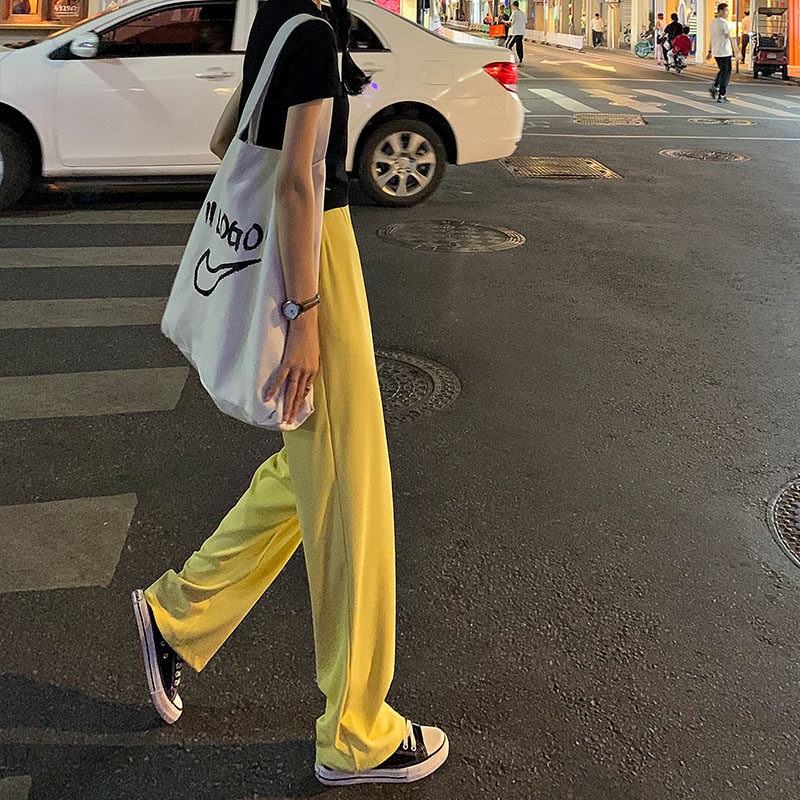 黄色阔腿裤女夏季薄款高腰垂感显瘦冰丝女裤雪纺宽松直筒拖地裤子