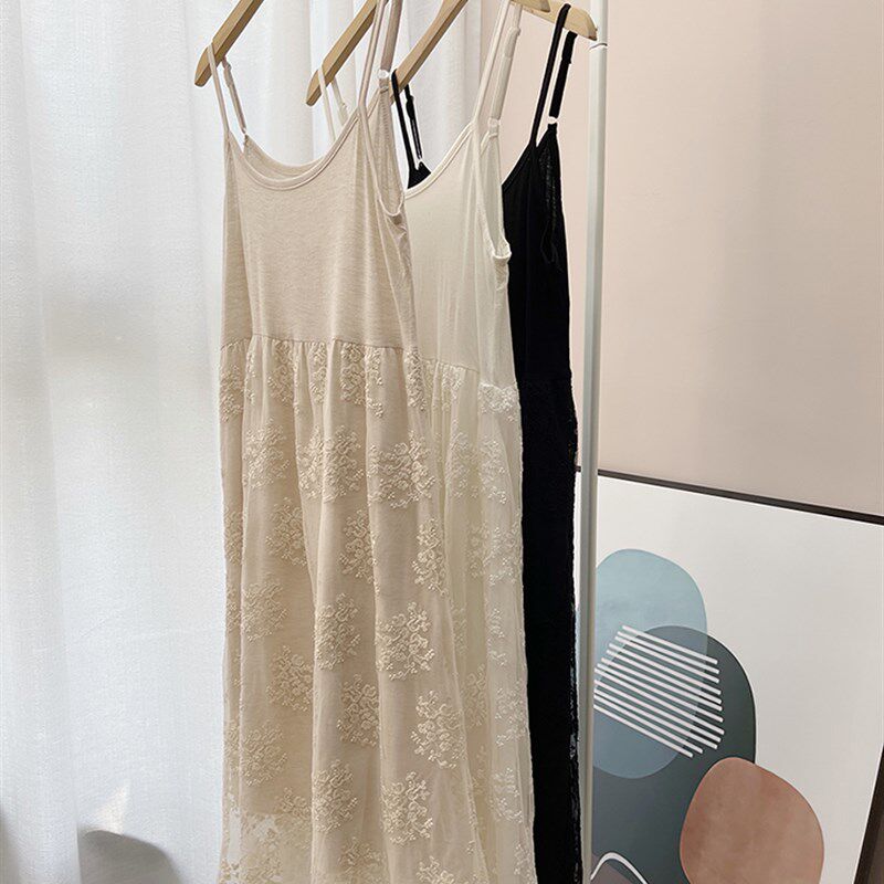 秋冬韩版高腰网纱蕾丝大码宽松中长款背心吊带裙打底裙内搭连衣裙
