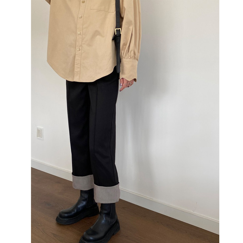 大码女装胖妹妹mm拼格卷边西装直筒秋冬加厚宽松显瘦休闲裤200斤