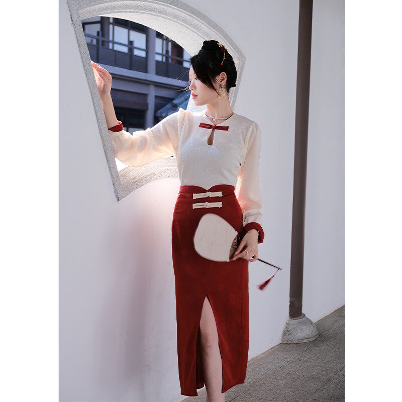 鹿与玫瑰新中式国风套装复古改良旗袍衬衫上衣气质长袖红色连衣裙