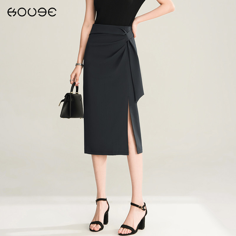 灰色高腰半身裙女夏季开叉包臀裙中长款2024新款气质褶皱西装裙子