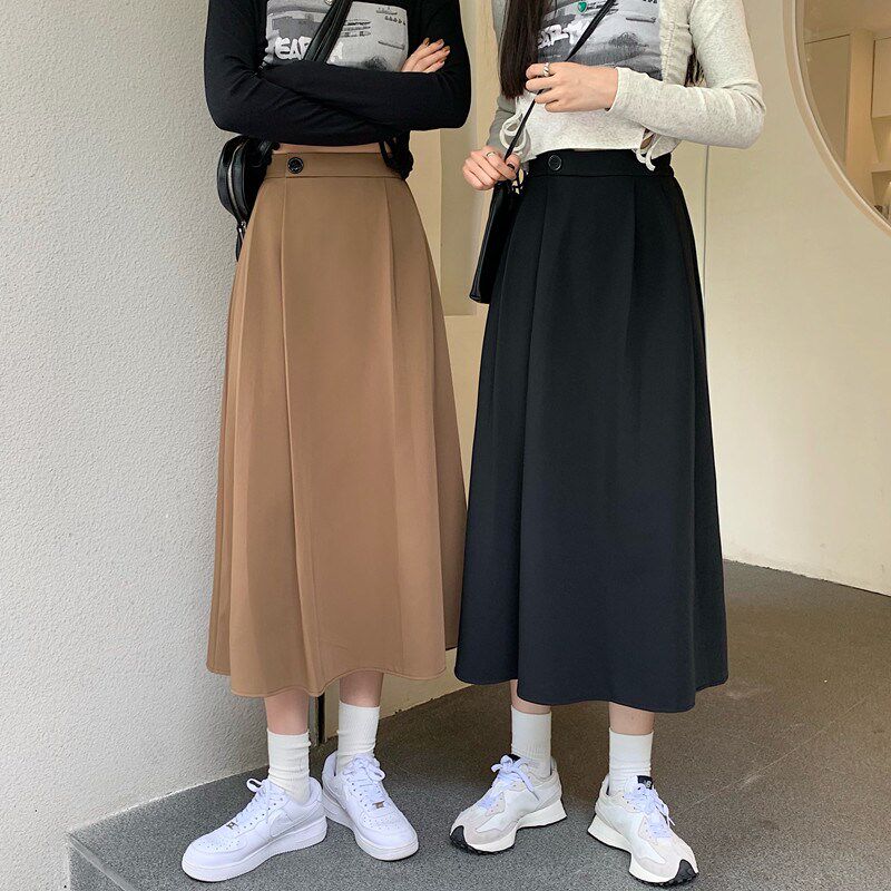 卡其色长款半身裙女秋冬大码不规则显瘦遮胯垂感高级西装a字长裙
