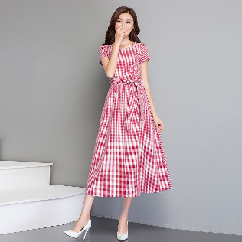 2021夏季女装新款纯棉连衣裙长款小格子全棉长裙过膝修身收腰棉质