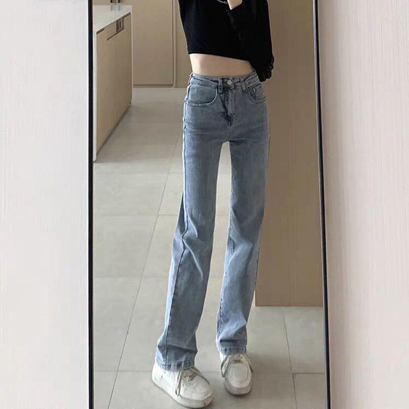 浅蓝色窄版阔腿裤女小个子2025春季新款高腰显瘦弹力牛仔裤直筒裤
