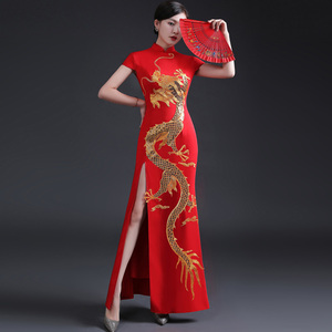 夏季中国风改良旗袍鱼尾长版模端庄大气礼物仪特队走秀演出服红色
