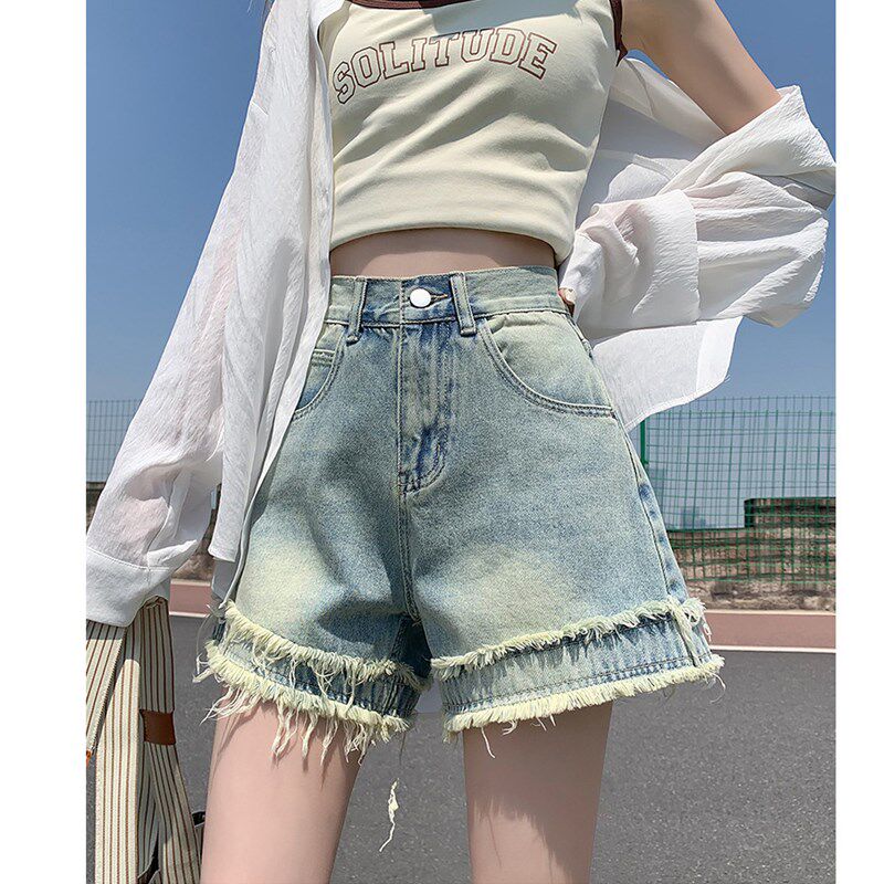高腰牛仔短裤女夏季春秋2025新款流苏毛边宽松显瘦阔腿a字热裤子