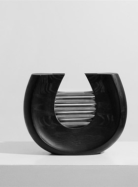 简约黑色实木几何金属摆t件样板间售楼处客厅玄关家居软装饰品