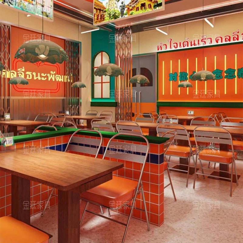 泰国东南亚小吃茶餐厅实木桌椅组合泰式大排档餐桌餐椅不锈钢椅子