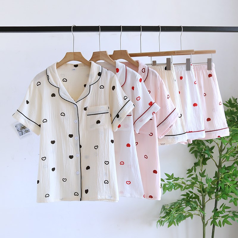 婴儿棉纱布睡衣短袖短裤女春夏季薄款纯棉泡泡纱布翻领家居服套装