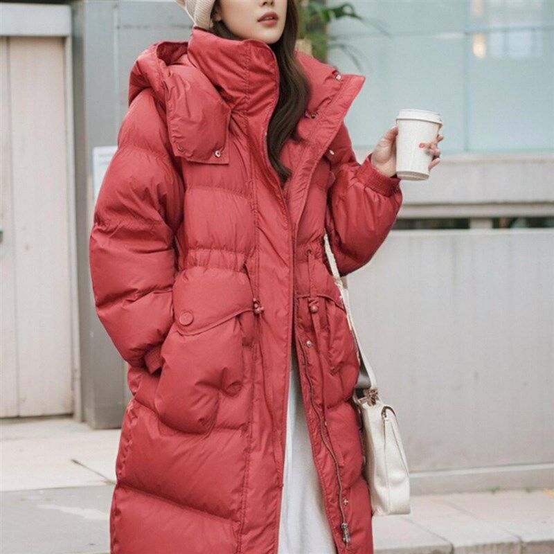 羽绒服女中长款冬季2024新款过膝韩版修身显瘦连帽外套收腰