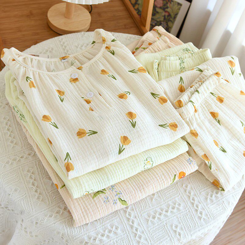 睡衣女春秋纯棉纱布圆领套头长袖长裤夏季薄款休闲家居服两件套装