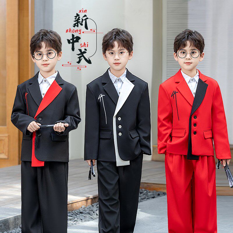 男童新中式套装2024新款儿童国风帅气青少年红色表演小西服拜年服