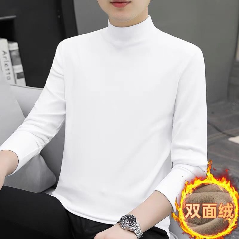 300ga半高领长袖t恤男双面德绒中领内搭秋冬打底衫加绒保暖纯白色