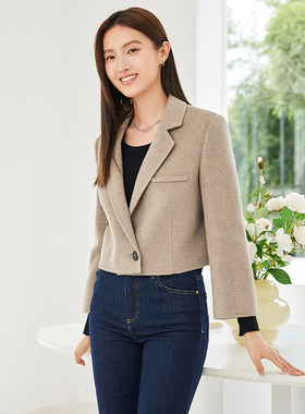 小款毛呢西装外套女修身秋冬翻领加厚100纯羊毛双面呢外套超短款