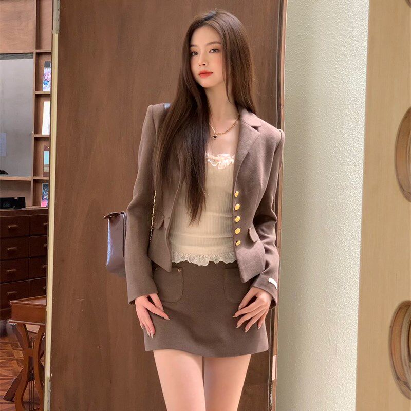 高等私立校花 秋季美拉德复古学院收腰正肩西装呢外套半裙套装