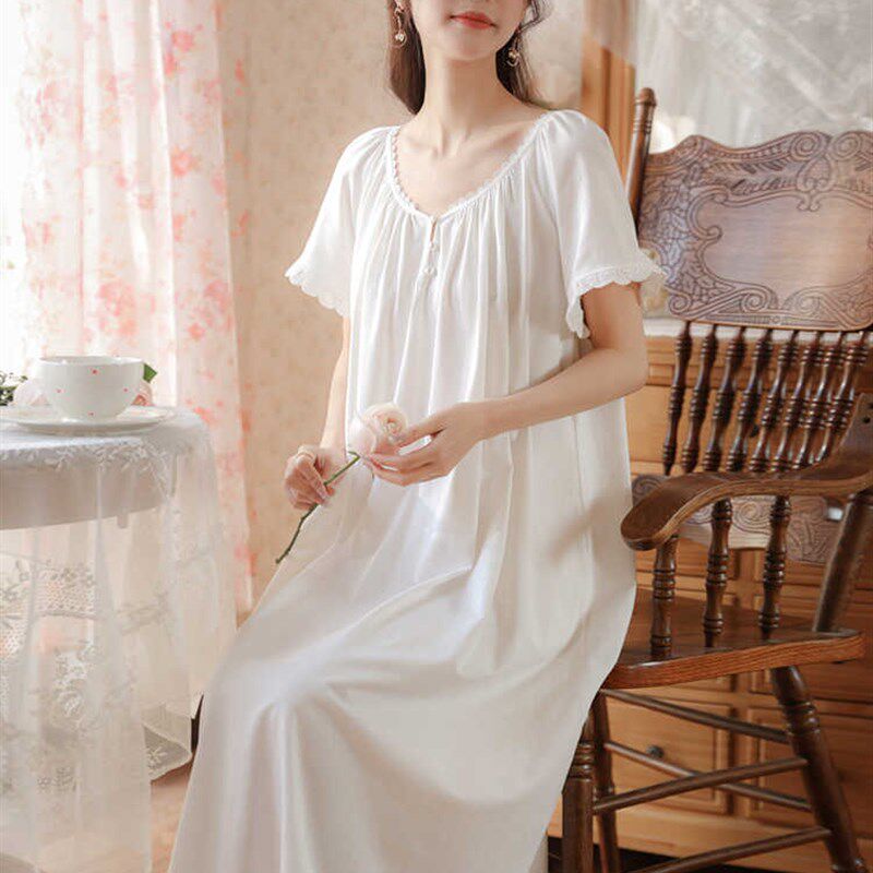 女士白色睡裙女纯棉法式宫廷风晨袍夏季短袖睡衣女款睡袍长裙长款